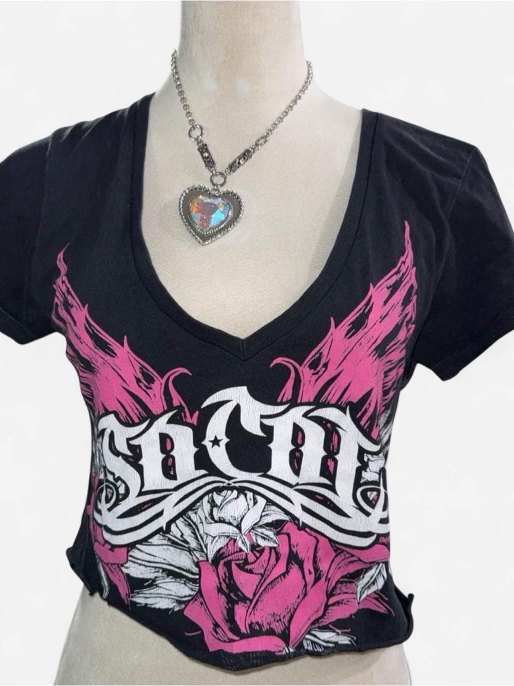 Women's Black V-Neck Graphic Crop Top with Pink Rose Wings
